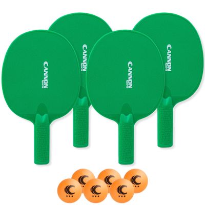 Cannon Sports Unbreakable Table Tennis Paddle Set - 4 Rackets with 6 Pack of 3-Star Table Tennis Balls  Portable Set for 4 Players (4 Green Paddles + 6 Orange Balls)