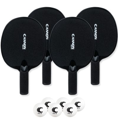 Cannon Sports Unbreakable Table Tennis Paddle Set - 4 Rackets with 6 Pack of 3-Star Table Tennis Balls  Portable Set for 4 Players (4 Black Paddles + 6 White Balls)