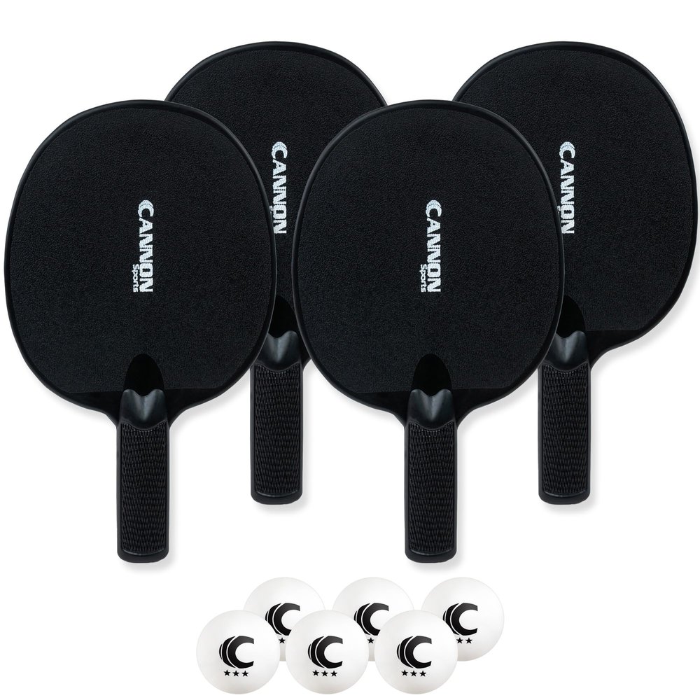 Cannon Sports Unbreakable Table Tennis Paddle Set - 4 Rackets with 6 Pack of 3-Star Table Tennis Balls  Portable Set for 4 Players (4 Black Paddles + 6 White Balls)