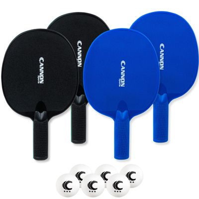 Cannon Sports Unbreakable Table Tennis Paddle Set - 4 Rackets with 6 Pack of 3-Star Table Tennis Balls  Portable Set for 4 Players (2 Black + 2 Blue Paddles + 6 White Balls)