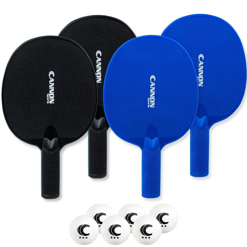 Cannon Sports Unbreakable Table Tennis Paddle Set - 4 Rackets with 6 Pack of 3-Star Table Tennis Balls Portable Set for 4 Players (2 Black + 2 Blue Paddles + 6 White Balls)