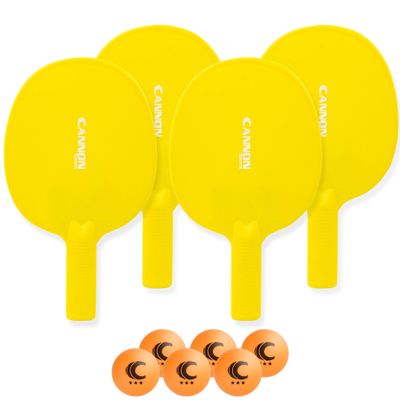 Cannon Sports Unbreakable Table Tennis Paddle Set - 4 Rackets with 6 Pack of 3-Star Table Tennis Balls  Portable Set for 4 Players (4 Yellow Paddles + 6 Orange Balls)