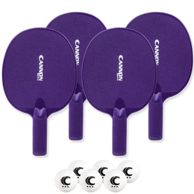 Cannon Sports Unbreakable Table Tennis Paddle Set - 4 Rackets with 6 Pack of 3-Star Table Tennis Balls  Portable Set for 4 Players (4 Purple Paddles + 6 White Balls)