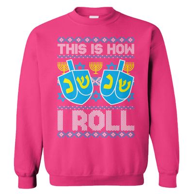 "This Is How I Roll - Driedel Hanukkah Unisex Crewneck Sweatshirt (Pink, Medium)"
