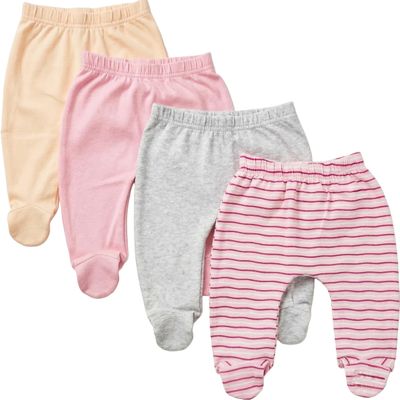 123 Bear Baby Soft Cotton Spandex Pants with Feet Multipack (Pink A 4pk, 6-9 Months)