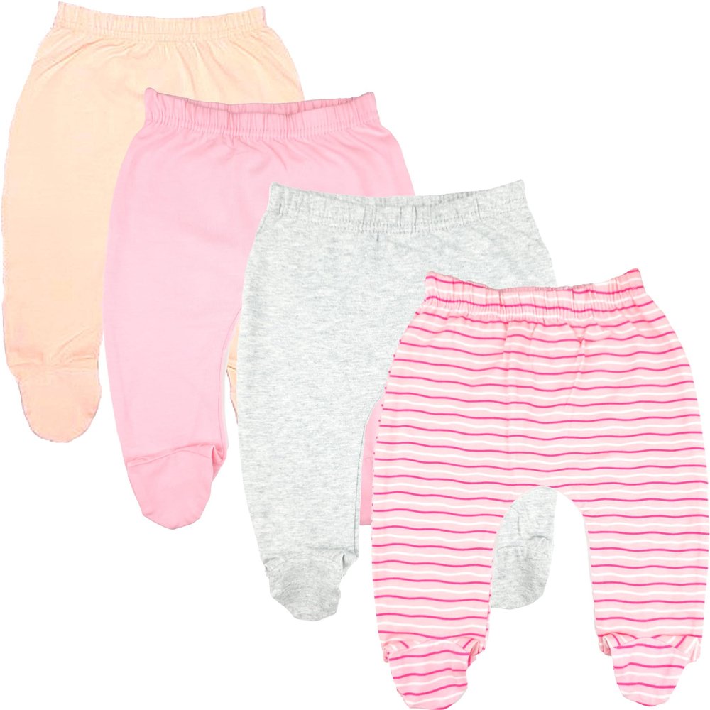 123 Bear Baby Soft Cotton Spandex Pants with Feet Multipack (Pink A 4pk, 3-6 Months)