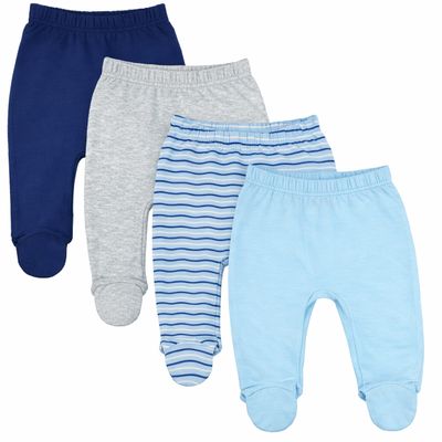 123 Bear Baby Soft Cotton Spandex Pants with Feet Multipack (Blue A 4pk, 6-9 Months)