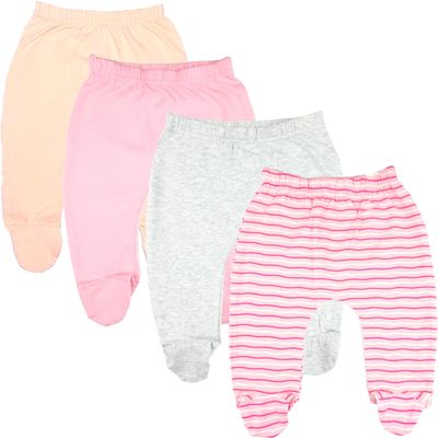 123 Bear Baby Soft Cotton Spandex Pants with Feet Multipack (Pink A 4pk, Newborn)