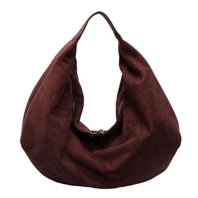 ALINUOYQ Women Suede Shoulder Bag Slouchy Underarm Bag with Zipper Large Capacity Handbag for Work Travel (Reddish Brown)