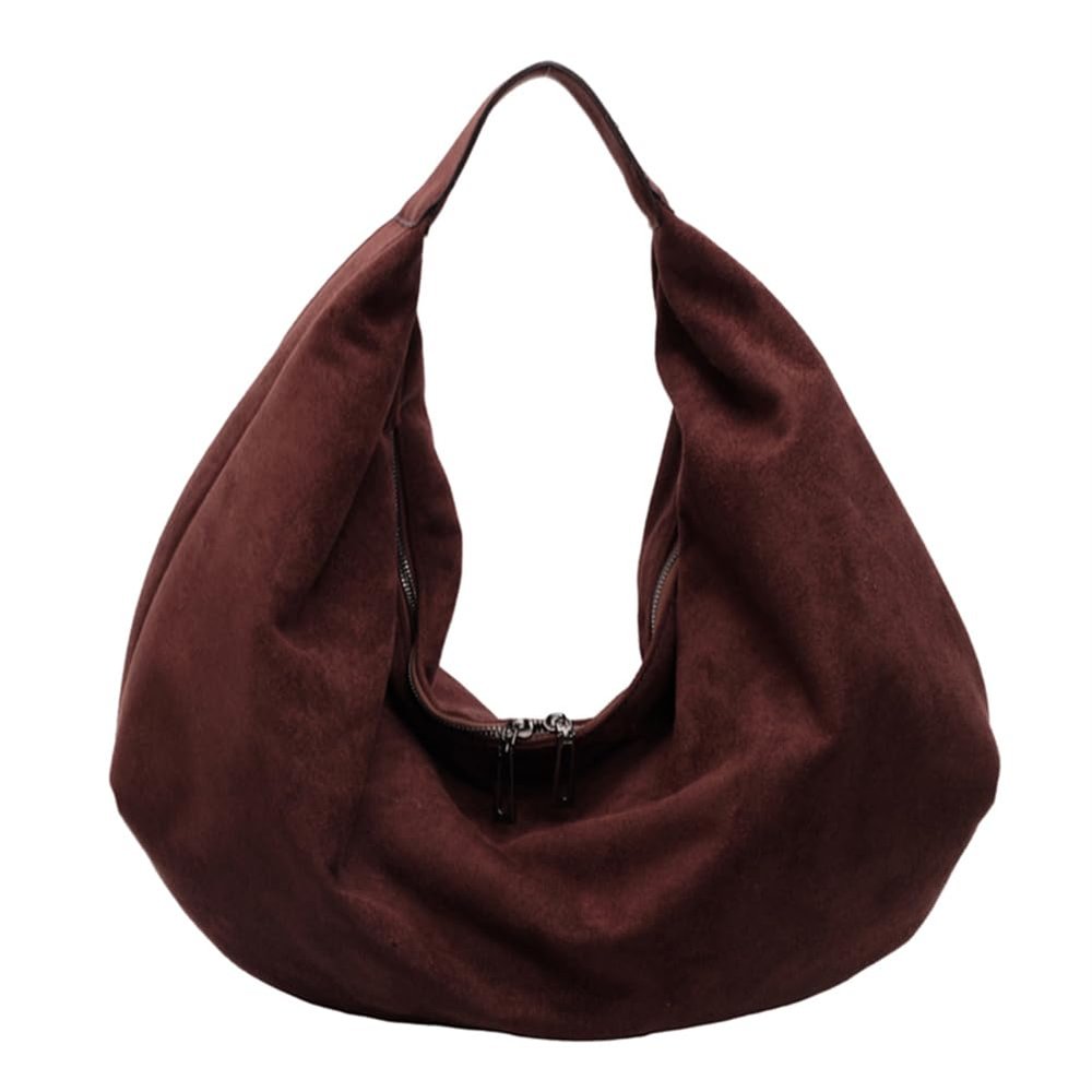 ALINUOYQ Women Suede Shoulder Bag Slouchy Underarm Bag with Zipper Large Capacity Handbag for Work Travel (Reddish Brown)