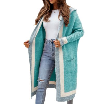 Color Block Sweater for Women Striped Open Front Hooded Long Cardigan Sweaters with Pockets (Green,Medium)