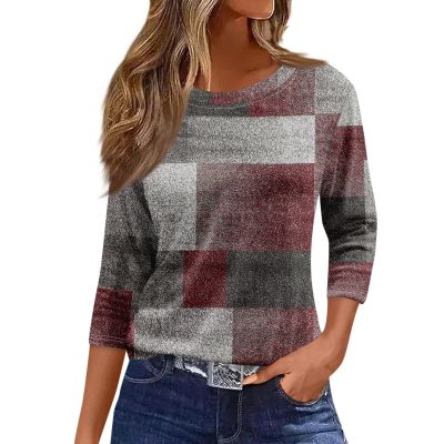 3/4 Sleeve Women Tops 2025 Spring Crewneck Print Shirt Casual Lightweight Loose Tunic Shirts Three Quarter Length Tshirt