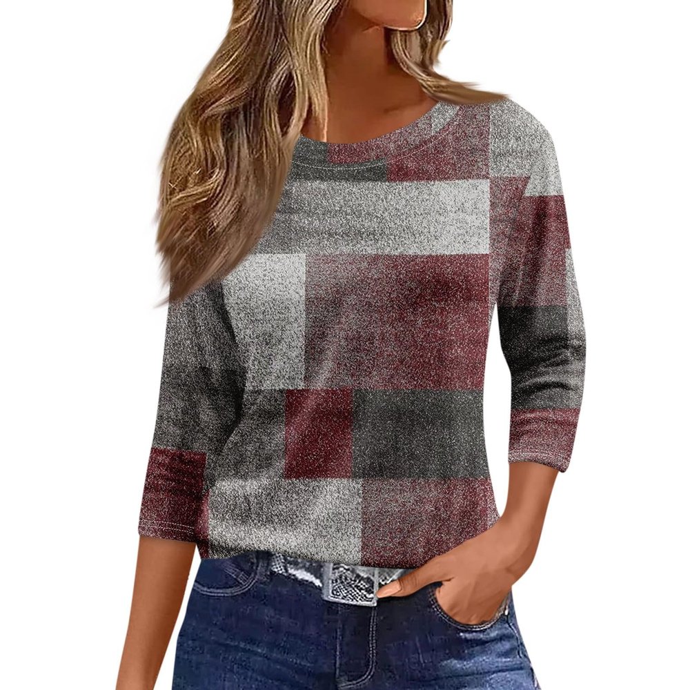 3/4 Sleeve Women Tops 2025 Spring Crewneck Print Shirt Casual Lightweight Loose Tunic Shirts Three Quarter Length Tshirt