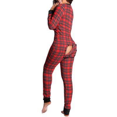 KMBANGI Women's One Piece Onsie Ugly Christmas Pajamas Print Jumpsuit Sleepwear Plus Size Romper with Drop Seat (Flap Butt Plaid,M)