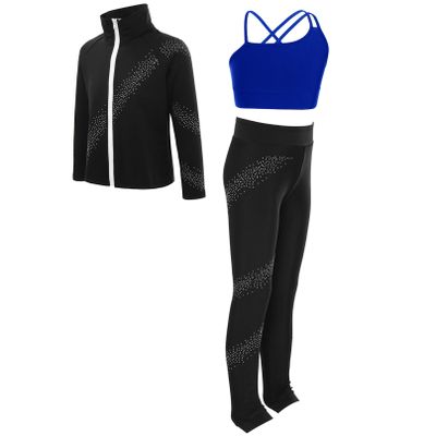 YiZYiF Gymnastic Workout for Girls Skating Pants Set Gym Sports Suit 3 Piece Training Costume Activewear Set Royal Blue 12 Years