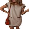 Dokotoo Summer Dresses for Women 2026 Fashion Short Sleeve Color Block Shift Tshirt Womens Casual Cap Sleeve Beach Vacation Clothes for Women Mini Dress Khaki Medium view 1