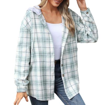 Lolvmvchi When Is Long Sleeve Open Front Women'S Plaid Long Sleeve Button Down Shirt Blouse Hooded Shackets Jacket Off Fashion Fall Outfits (Green, S) Womens Open Front Chunky