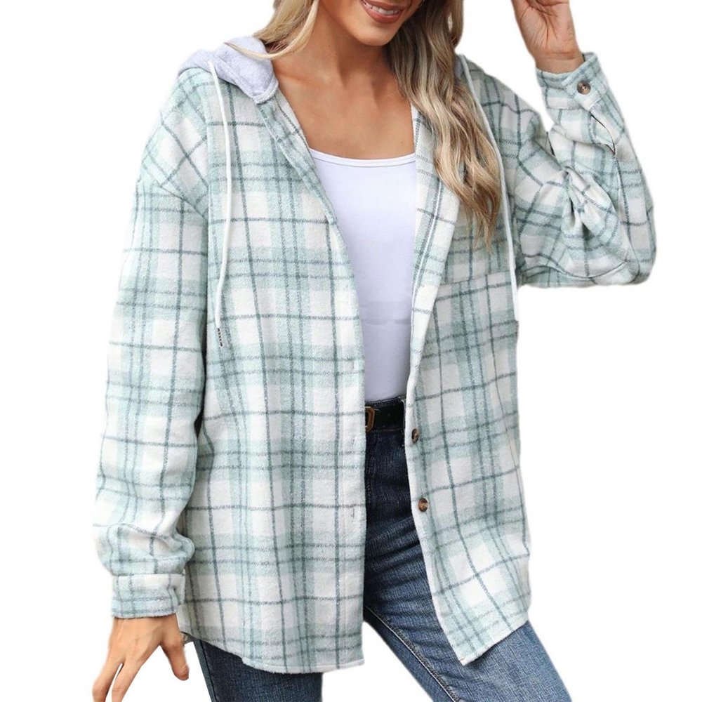 Lolvmvchi When Is Long Sleeve Open Front Women'S Plaid Long Sleeve Button Down Shirt Blouse Hooded Shackets Jacket Off Fashion Fall Outfits (Green, S) Womens Open Front Chunky