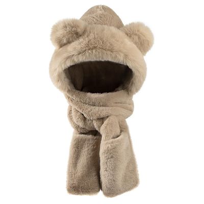 Kids Winter Hood Hat Scarf Gloves Set 3-in-1 Hooded Hat Plush Bear Beanie Cap Faux Fur Earflap Animal Snow Cap