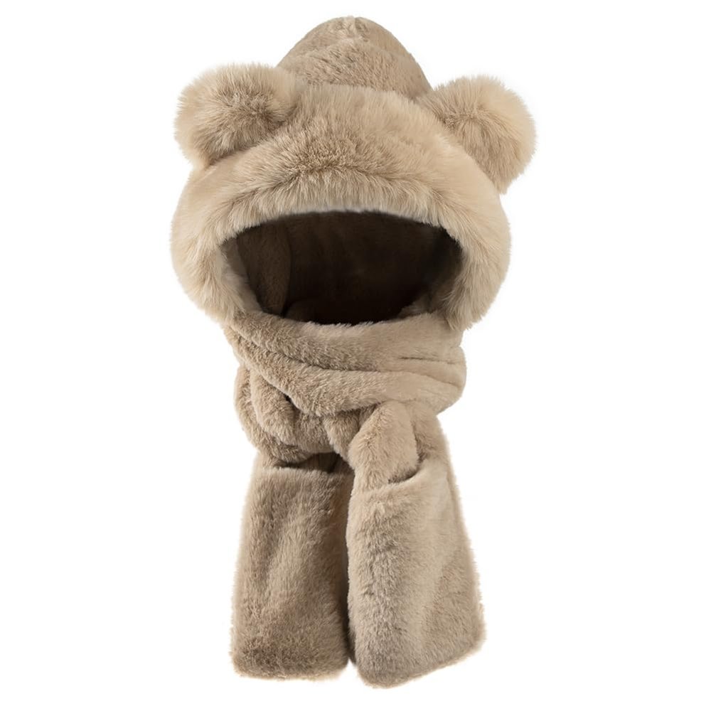 Kids Winter Hood Hat Scarf Gloves Set 3-in-1 Hooded Hat Plush Bear Beanie Cap Faux Fur Earflap Animal Snow Cap