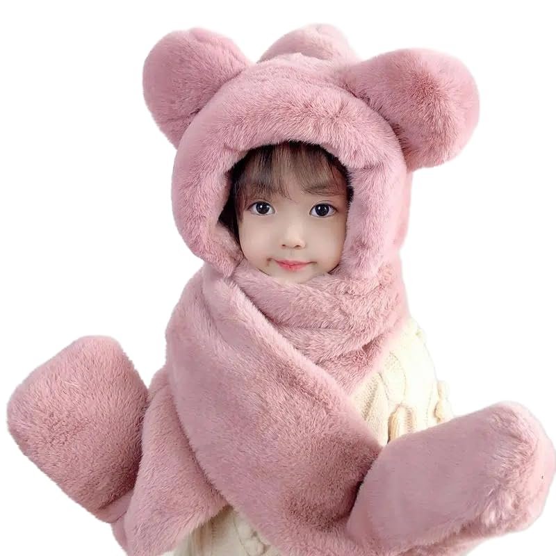 Kids Winter Hood Hat Scarf Gloves Set 3-in-1 Hooded Hat Plush Bear Beanie Cap Faux Fur Earflap Animal Snow Cap