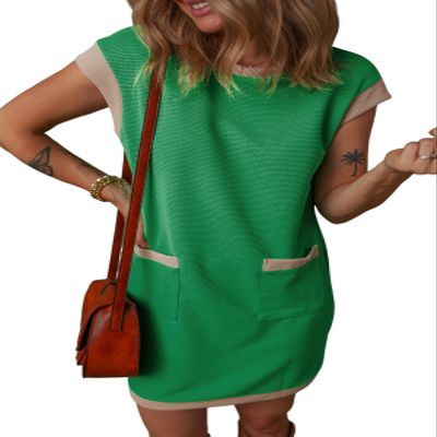 Dokotoo Casual Dresses for Women 2026 Fashion Spring Summer Dresses Womens Crewneck Color Block Short Sleeve Shift Tshirt Beach Mini Dress Green X-Large