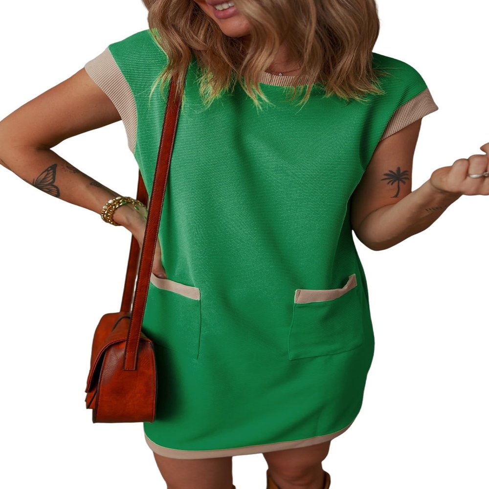 Dokotoo Casual Dresses for Women 2026 Fashion Spring Summer Dresses Womens Crewneck Color Block Short Sleeve Shift Tshirt Beach Mini Dress Green X-Large