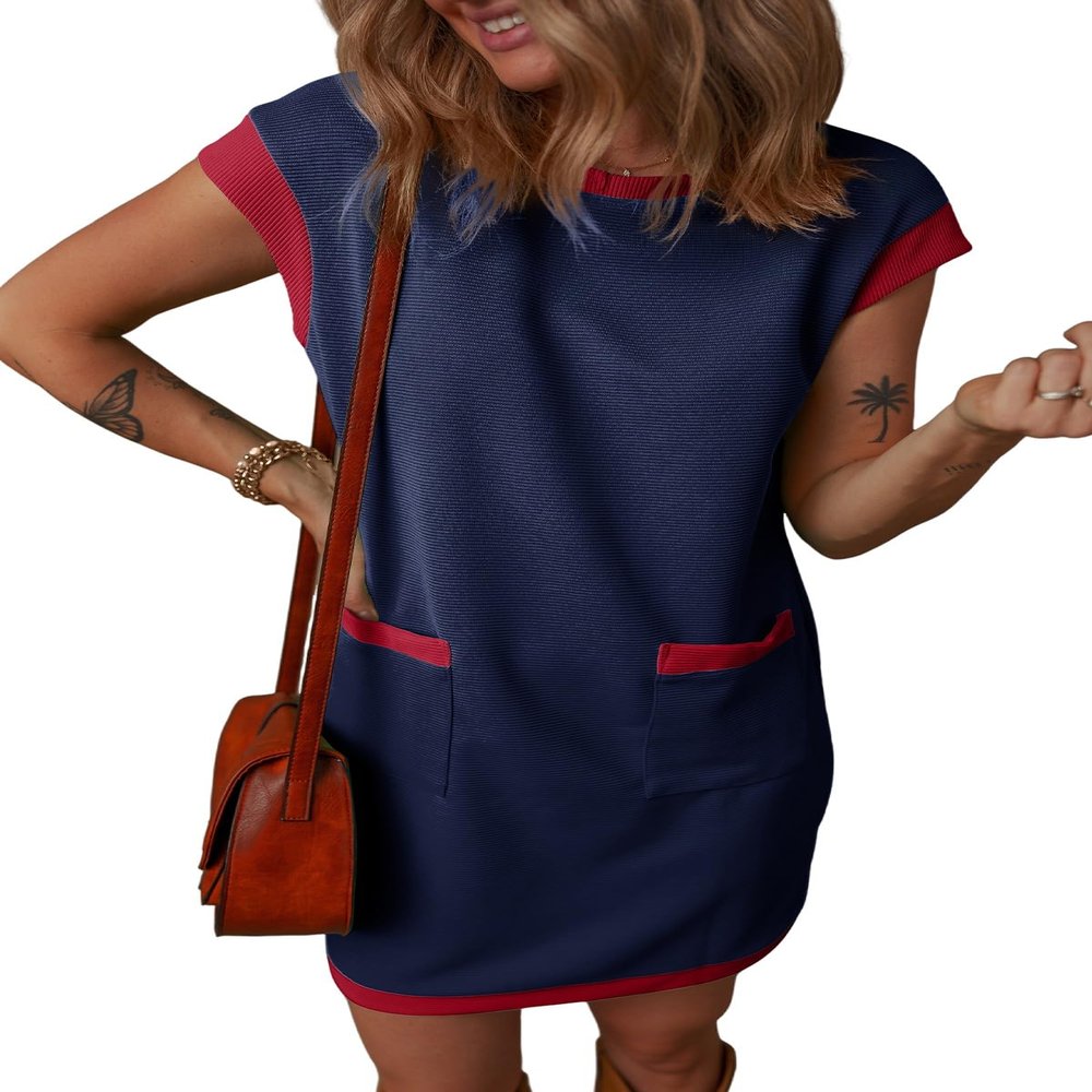 Dokotoo Women's Casual Summer Dresses 2026 Fashion Spring Crewneck Short Sleeve Color Block Beach Vacation Shift T Shirt Mini Dress Dark Blue Large