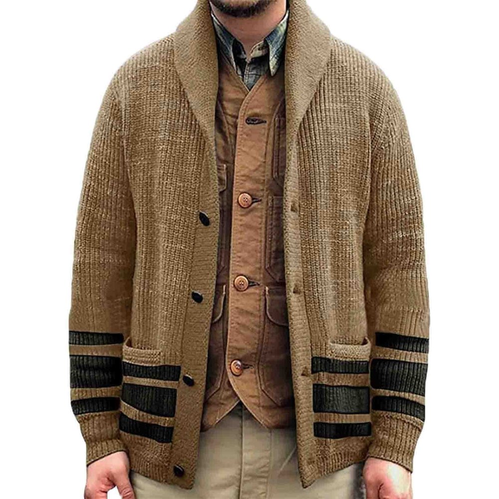 Mens Striped Cardigan Sweater Shawl Collar Cardigan Rib Knit Casual Button Down Long Sleeve Sweaters Khaki