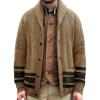 Mens Striped Cardigan Sweater Shawl Collar Cardigan Rib Knit Casual Button Down Long Sleeve Sweaters Khaki view 1
