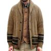 Mens Striped Cardigan Sweater Shawl Collar Cardigan Rib Knit Casual Button Down Long Sleeve Sweaters Khaki view 2