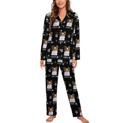 Cowcute Custom Pajamas Set for Women, Personalized Pet Photo Face V-Neck Pjs Sets Loungewear Sleepwear for Dog Mom Cat Owner