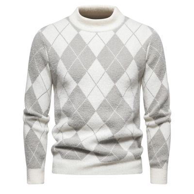 Men's Argyle Sweater Mock Neck Knitted Pullover Sweater Casual Temperament Business Comfy Basic Tops Grey