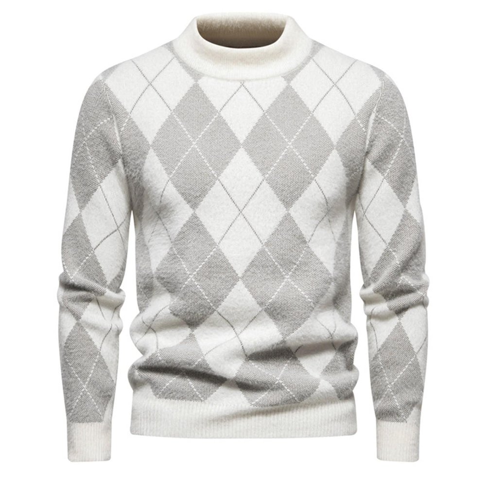 Men's Argyle Sweater Mock Neck Knitted Pullover Sweater Casual Temperament Business Comfy Basic Tops Grey