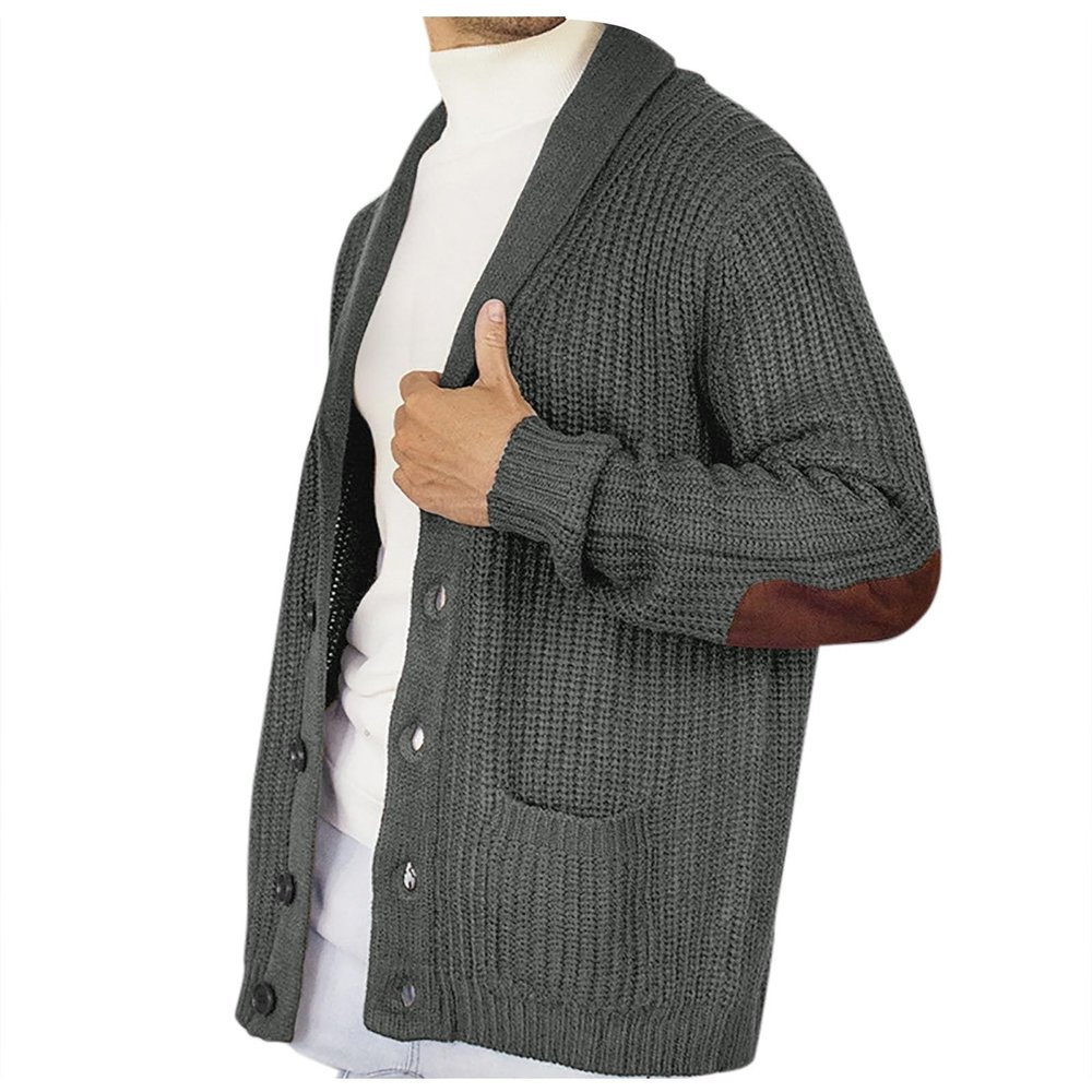 Mens Shawl Collar Cardigan Sweater Casual Long Sleeve Button Down Cable Knit Winter Chunky Sweaters with Pockets Grey