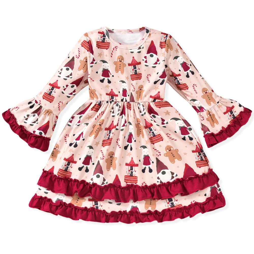 4T Toddler Little Girl Christmas Dress Snowman Gingerbread Man Ruffle Long Sleeve Xmas Dresses 4-5T Years Khaki