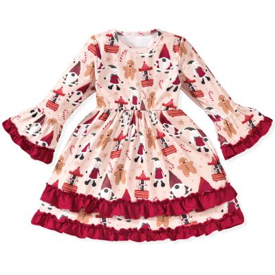 5T Toddler Little Girl Christmas Dress Snowman Gingerbread Man Ruffle Long Sleeve Xmas Dresses 5-6T Years Khaki