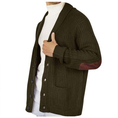 Mens Shawl Collar Cardigan Sweater Casual Long Sleeve Button Down Cable Knit Winter Chunky Sweaters with Pockets Green