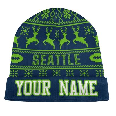 Custom Football Beanie Hat Men Women Personalized Name Winter Cuffed Knit Hats Fashion Toque Cap Sports Fan Gift Navy Green