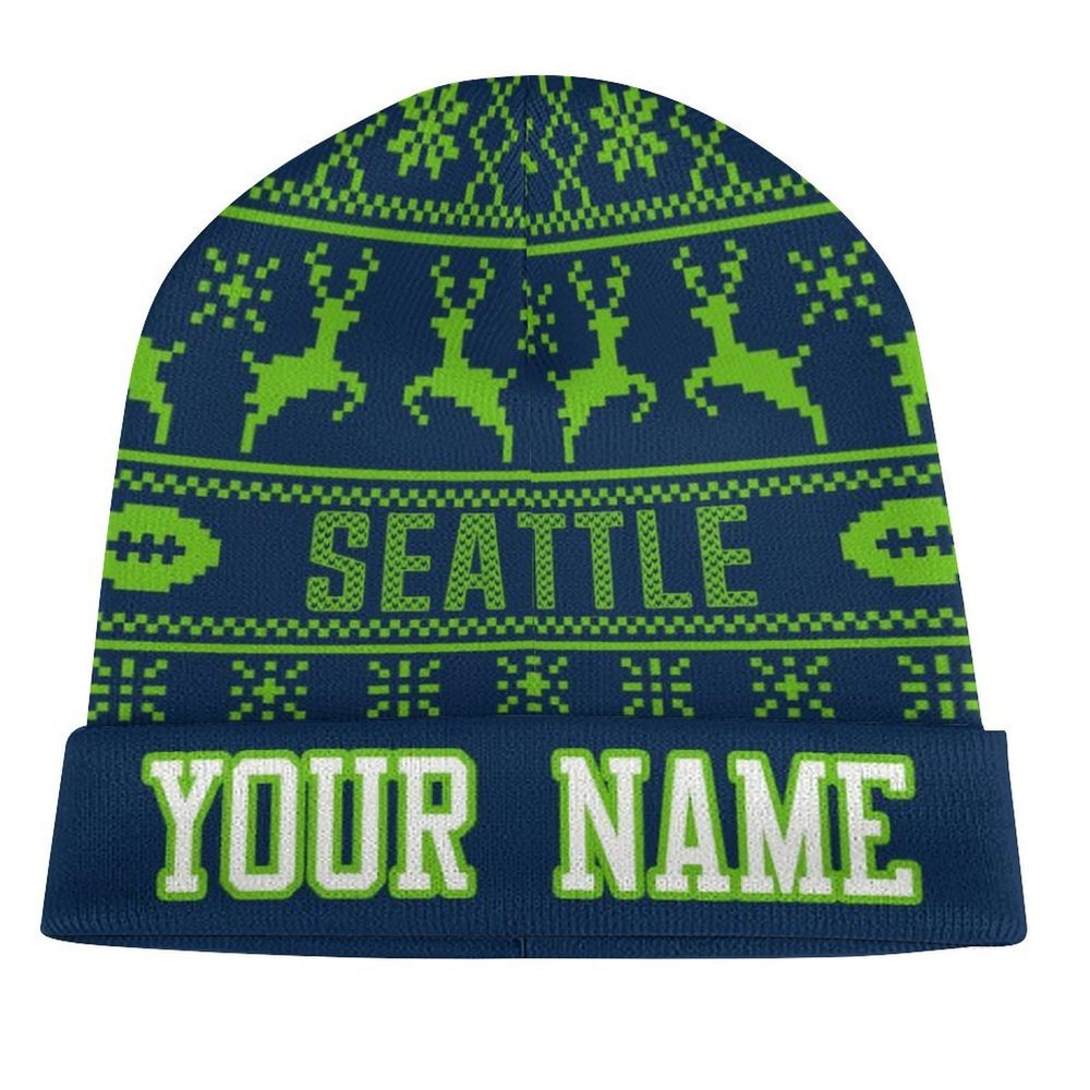 Custom Football Beanie Hat Men Women Personalized Name Winter Cuffed Knit Hats Fashion Toque Cap Sports Fan Gift Navy Green