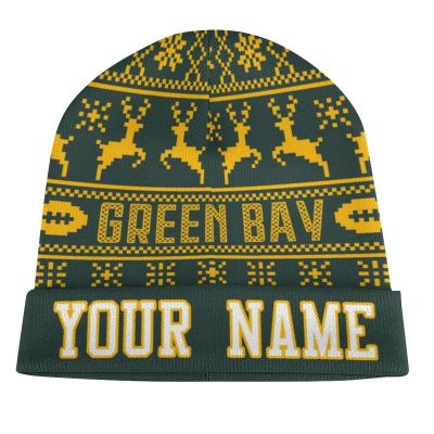 Custom Football Beanie Hat Men Women Personalized Name Winter Cuffed Knit Hats Fashion Toque Cap Sports Fan Gift Green Yellow