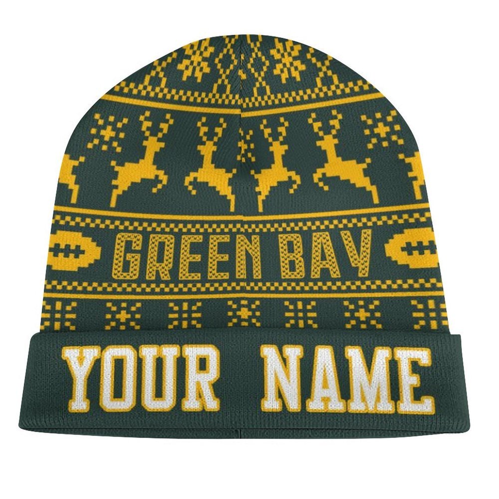 Custom Football Beanie Hat Men Women Personalized Name Winter Cuffed Knit Hats Fashion Toque Cap Sports Fan Gift Green Yellow