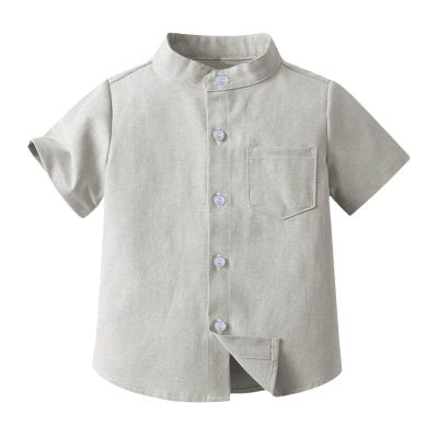 Boys Linen Shirt Button Down Henley Short Sleeve Casual Dress Summer Beach T Shirts Top with One (A, 12-18 Months)