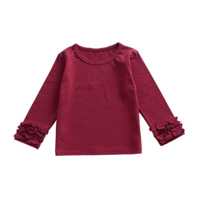 Baby Toddler Girl Long Sleeve Blouse Kids Solid Color Basic Tee Tops Little Girls Ruffle Cuffs (Wine, 12-18 Months)