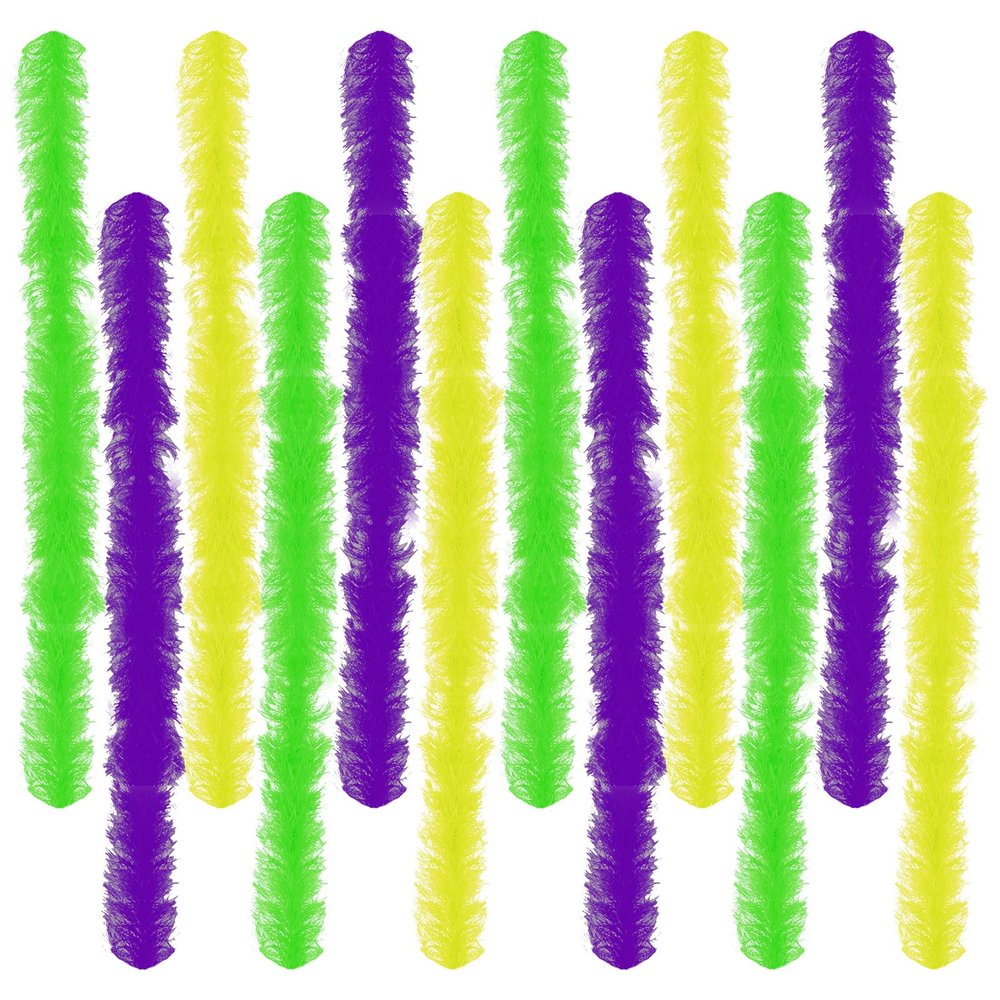 Gvhntk 12 Pcs Mardi Gras Feather Boas 5ft Artificial Fluffy Boas Set for Women Costume Halloween Christmas Wedding (Green Purple Yellow)