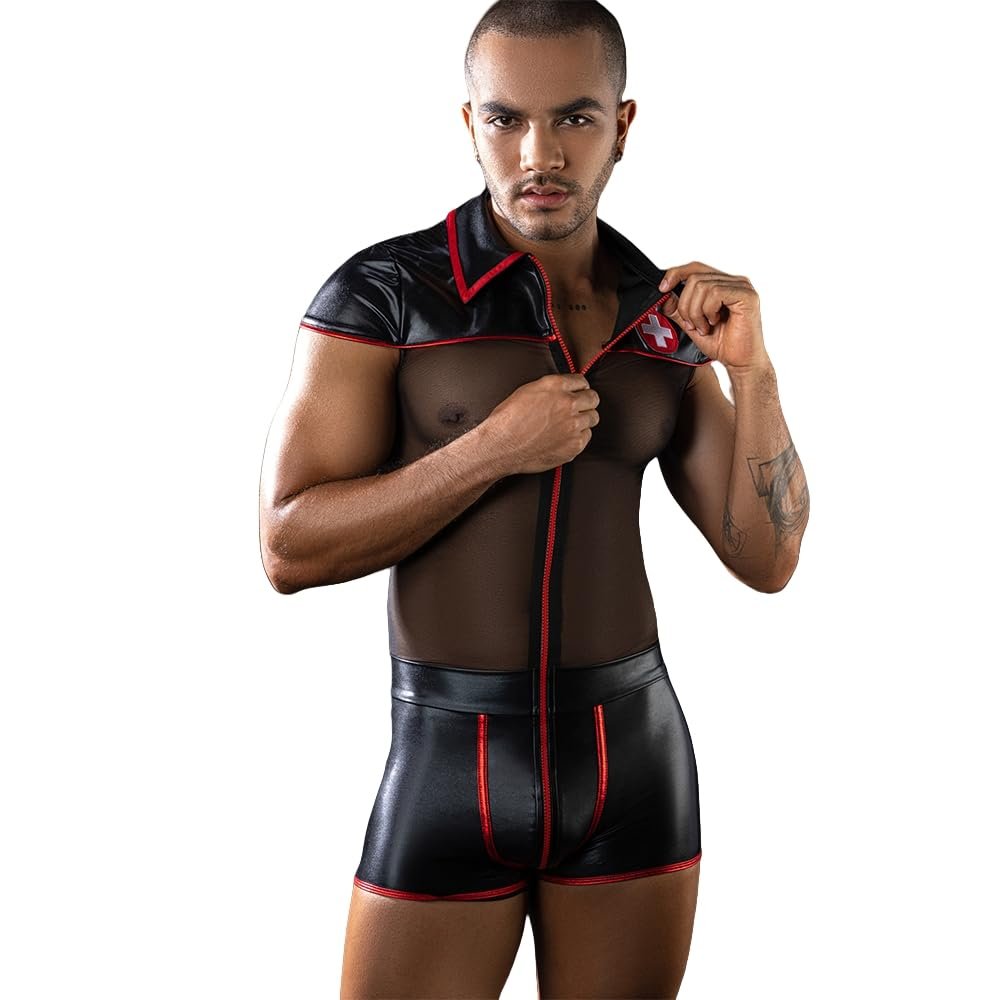 XinYiQu Mens Sexy Lingerie Set Role Play Doctor Uniform Night Club Costume Outfit (Black)