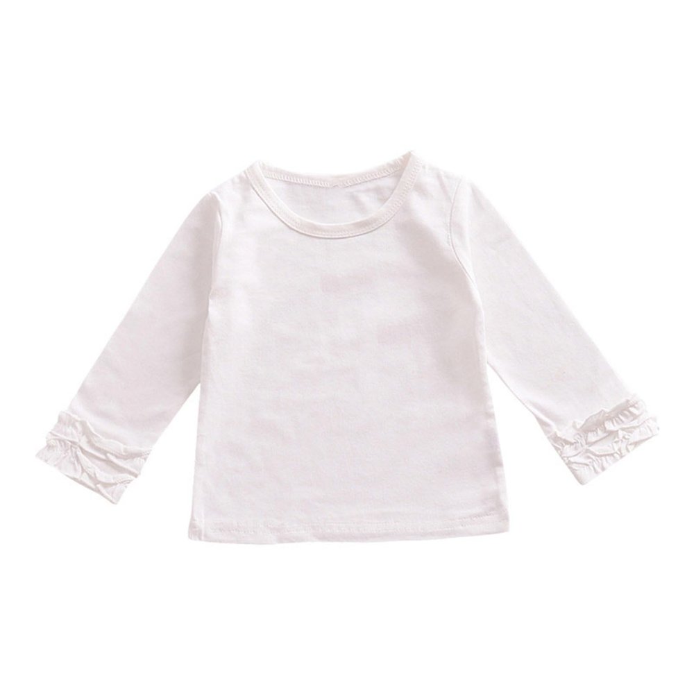 Baby Toddler Girl Long Sleeve Blouse Kids Solid Color Basic Tee Tops Little Girls Ruffle Cuffs (White, 3-4 Years)