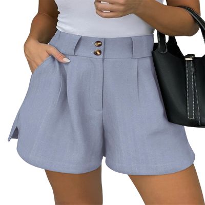 KIRUNDO Womens Shorts Dressy Casual 2026 Trendy Summer Elastic High Waisted Pleated Side Slit Business Work Shorts Pockets(Light Blue, Medium)