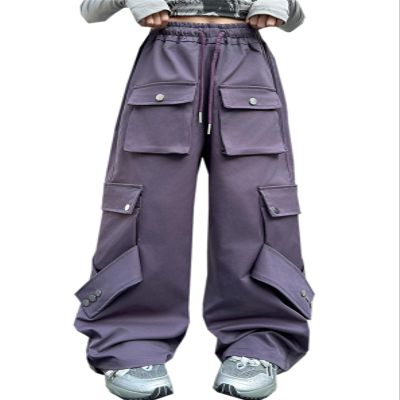 Cargo Pants for Girls Drawstring Waist Y2K Wide Leg Trousers with Pockets, Purple, 6-7 Years = Tag 140