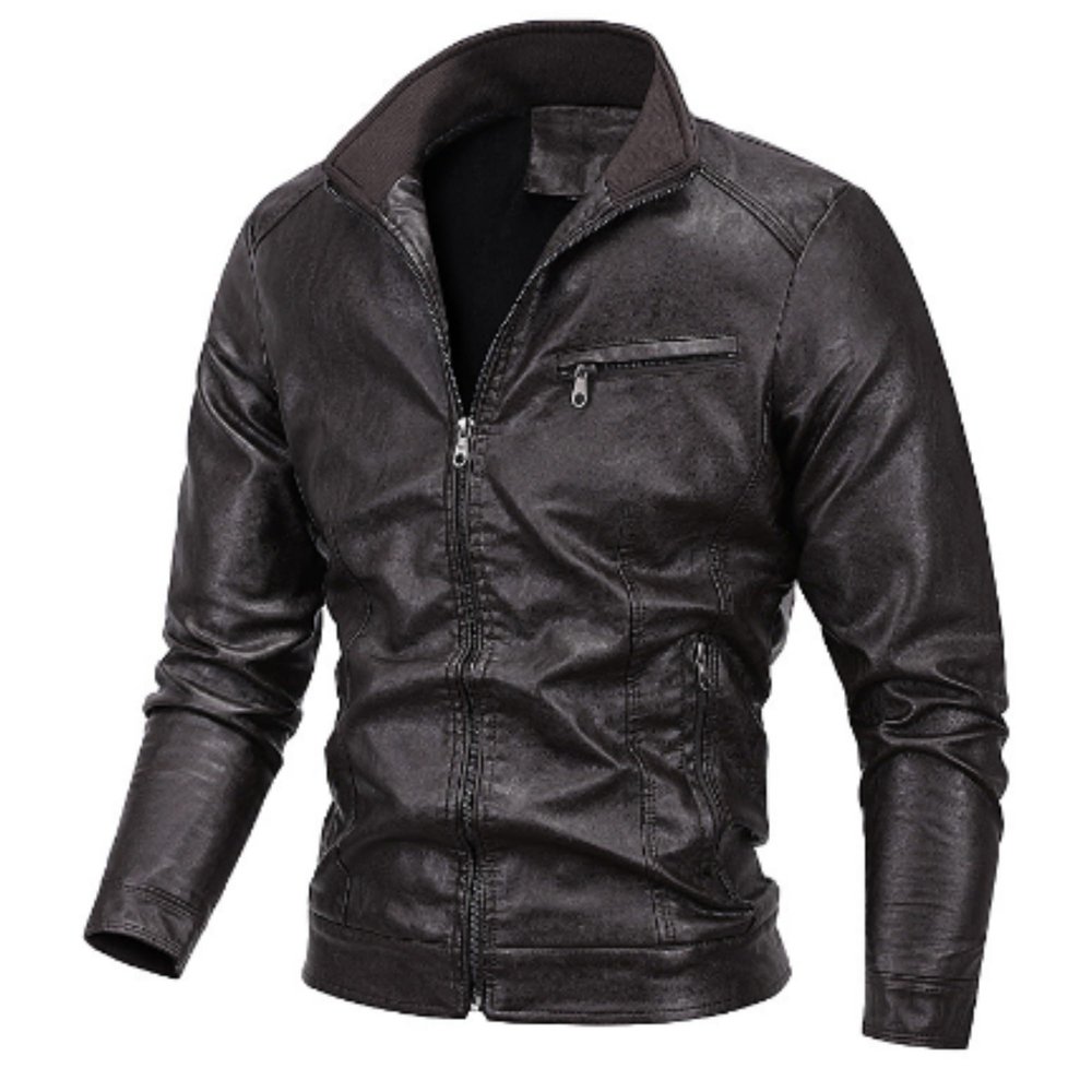 Men's Thickened Plus Motorcycle Pu Leather Coat Long-Sleeved Faux Jacket Casual Stand-Up Collar Zipper Jackets (Coffee B1,3X-Large)